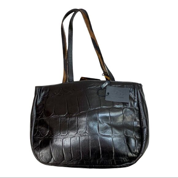 Falor Deep Brown Crocodile Embossed Leather Shoulder Bag Purse Calf Hair Strap - Picture 2 of 13